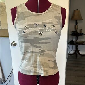 Awake Tan Camouflage Tank Top with Butterfly Accents